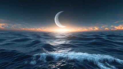 Tranquil Moonlit Ocean at Dusk with Gentle Waves and a Glimmering Horizon