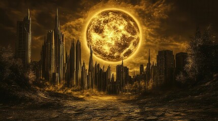 Surreal Urban Landscape with Golden Moon Illuminating a City Skyline at Night
