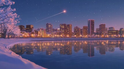Winter Nighttime City Skyline with Snow and Reflections Under Twinkling Stars