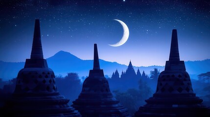 Tranquil Night View of Ancient Temples Under a Crescent Moon in a Starry Sky