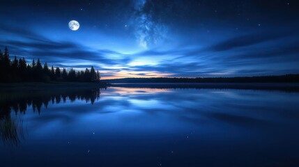 Tranquil Night Sky with Stars Reflecting on a Still Lake Surrounded by Forest and Moonlit Atmosphere