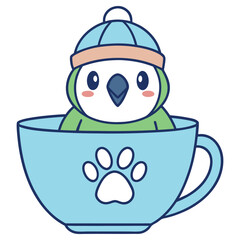 Cartoon Bird with Beanie Sitting in Cup with Paw Print Design