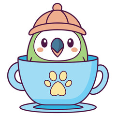 Adorable Green Parrot in Blue Teacup Wearing Hat with Paw Print Design
