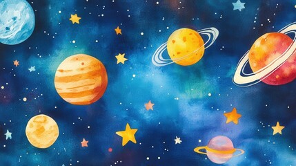 Fototapeta premium A colorful watercolor painting of planets and stars in space
