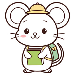 Cartoon Mouse With Schoolbag, Book, and Yellow Hat on White