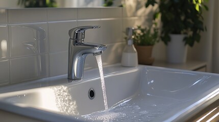 A modern white sink with shiny chrome faucet sits in the interior of a clean bathroom