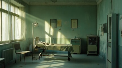 Abandoned Hospital Room with Sunlight Streaming Through Windows Vintage Medical Equipment Ret