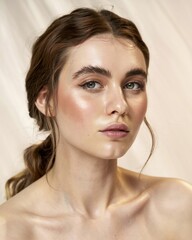 A soft, natural makeup look on a young woman with fair skin and warm, honey-toned eyes
