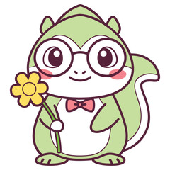 Cartoon Green Squirrel with Glasses Holding Yellow Flower on Transparent Background