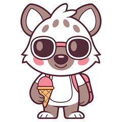 Cute Cartoon Hyena with Sunglasses Eating Ice Cream on Transparent Background