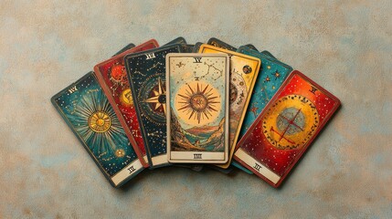 Tarot cards fanned out on table surrounded by astrological symbols creating a mystical vibe for divination practice