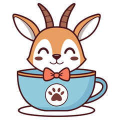 Obraz premium Cartoon Cute Gazelle In Teacup Wearing Bowtie, Friendly Design on Transparent Background