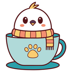 Cute Chick in Blue Paw Print Mug Cartoon Design Icon on White