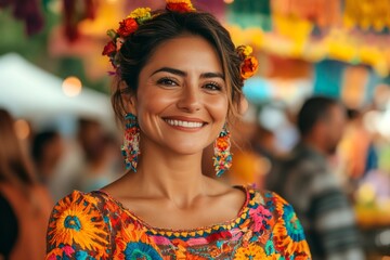 Fototapeta premium Mexican woman wearing traditional clothes smiling at a festival