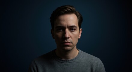 Fototapeta premium Thoughtful man reflecting against dark blue background 