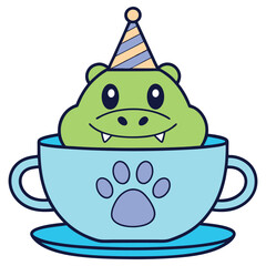 Cartoon Green Monster With Party Hat Inside Blue Cup