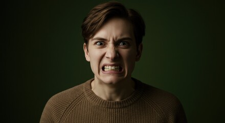 Fototapeta premium Angry young man expressing frustration against a dark background 