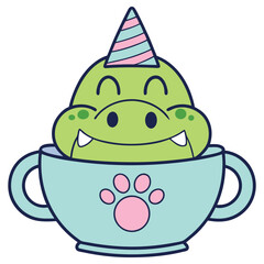Cute Green Crocodile in Blue Paw Print Cup with Birthday Hat on White Background