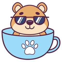 Cute Bear with Sunglasses in Cup with Paw Print, Cartoon Flat Style