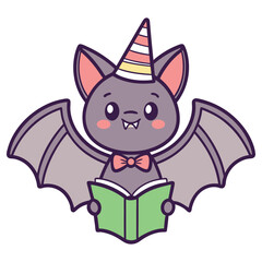 Cartoon Bat with Party Hat Reading Book, Isolated on White Background, Cute Kawaii Style