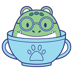 Cartoon Green Monster with Glasses in Blue Cup with Paw Transparent