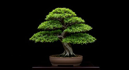 Bonsai Tree in a special pot, isolated on a Black background, banner, copy space, against a white wall
