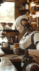 Fototapeta premium A humanoid robot barista prepares and serves coffee in a modern cafe, highlighting advanced AI integration in daily life and the future of customer service and robotics.. AI Generation