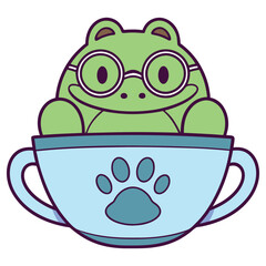 Frog Cartoon Character Wearing Glasses in a Teacup with Paw Print Design