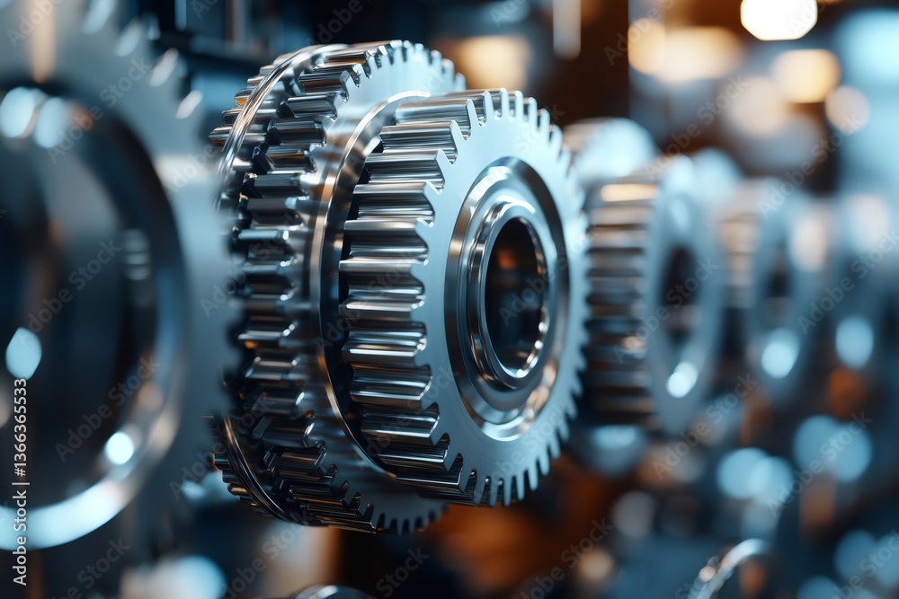 Poster Close up view of interlocking metal gears rotating smoothly in a complex mechanism