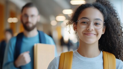 Student girl asking professor in bright college corridor