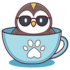 Adorable Owl with Glasses in a Blue Cup with Paw Print on Transparent BG
