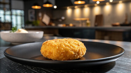 A golden, crispy nugget with a perfectly textured surface, resting on a sleek black ceramic plate. The lighting highlights its crunchy exterior with subtle shadows adding depth. A blurred background o