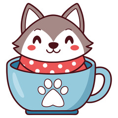 Adorable Cartoon Wolf Cub in Blue Mug with Paw Print and Red Polka Dot Scarf