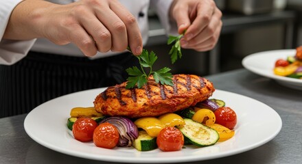 Chef adding parsley to grilled chicken breast with roasted vegetables on a white plate closeup view