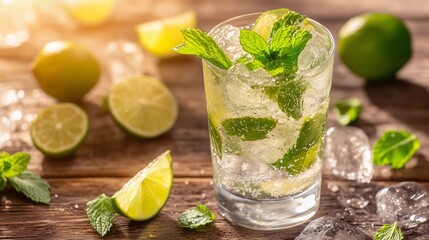 Fototapeta premium A classic mojito served in a transparent highball glass, showing muddled mint leaves, lime slices, and sparkling soda bubbles rising through the crushed ice.