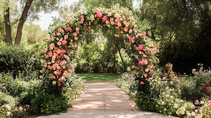 a breathtaking floral arch made of cascading roses, peonies, and greenery, set in a picturesque garden, creating a fairy-tale-like wedding scene. 