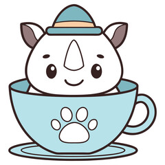 Cute Cartoon Rhino with Hat Sitting in Blue Teacup on White Background
