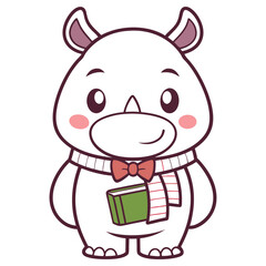 Cartoon Rhino with Bow Tie and Book on White Background Adorable