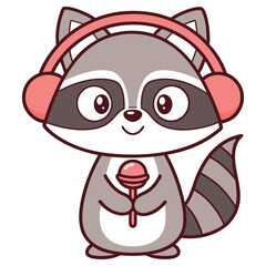 Charming Raccoon Cartoon Character with Headphones Holding a Lollipop