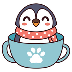Cute Penguin in Blue Cup with Paw Print and Scarf on White Background