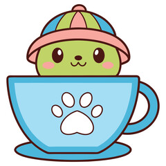 Cute Green Character with Hat in Blue Cup with Paw Print on White Background