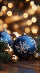 A warm and cozy holiday display featuring blue baubles adorned with snowflake patterns, golden ornaments, and evergreen branches illuminated by festive bokeh lighting.. AI Generation