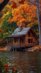 Obraz premium A charming log cabin nestled beside a calm lake, framed by vibrant orange and yellow autumn foliage. A serene and picturesque escape in nature.. AI Generation
