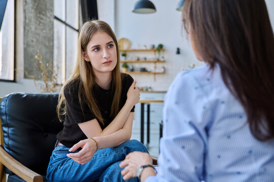 Young woman talking to social worker, home visit of psychological counselor
