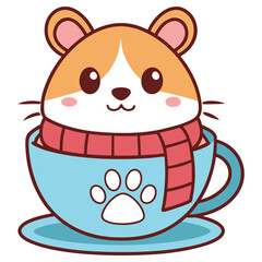 Cute Cartoon Hamster Character with Red Scarf in a Blue Paw Print Cup