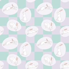 Seamless checkered pattern with white rabbits in organic egg shape. Easter bunny repeat wallpaper. Pastel green and purple background.
