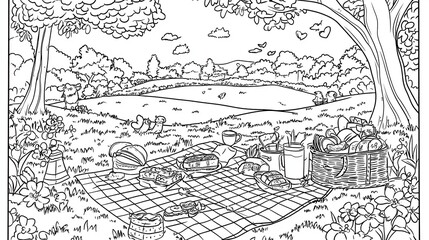 Obraz premium Coloring poster in doodle style of a picnic in the summer park