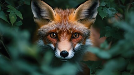 Obraz premium a captivating fox peering out from verdant foliage, eyes locked on the viewer, showcasing natural beauty