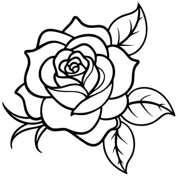 Elegant rose flower outline with leaves, simple vector illustration, botanical design element.