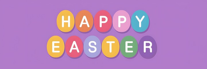 A collection of multicolored eggs spelling out the words 'Happy Easter' in vibrant colors with solid purple background and white letters, creating a festive and eye-catching Easter design festive vibe